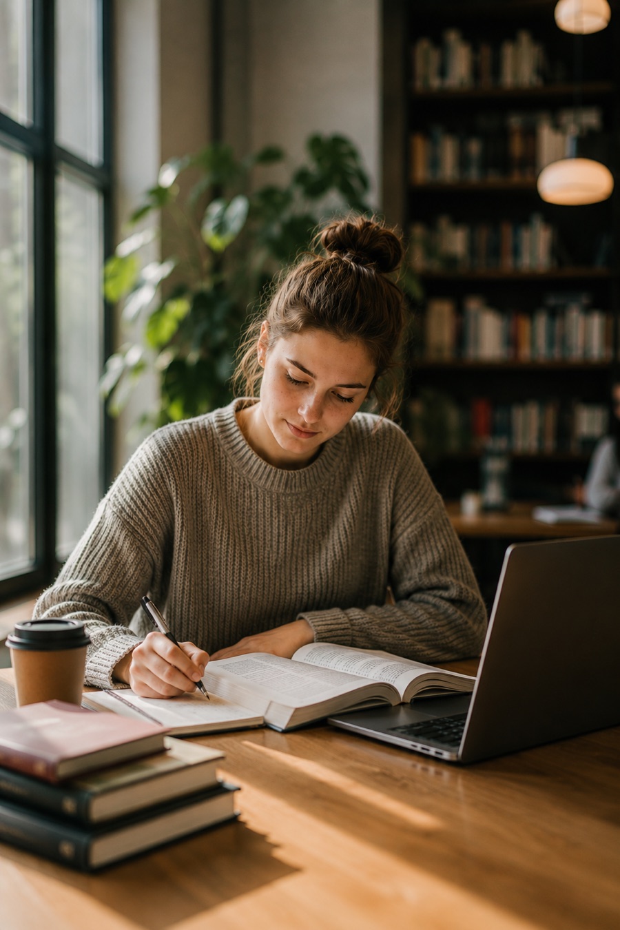 Studentin lernt konzentriert mit Buch, Laptop und BWLFuchs
